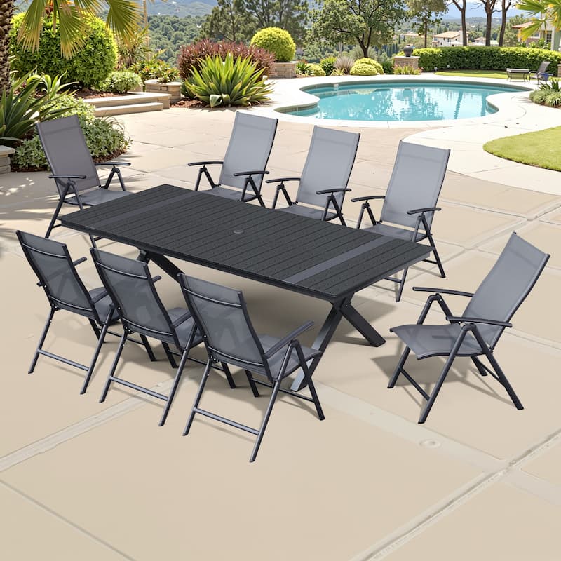 Aluminum Rectangular Outdoor Patio Dining Table with Durable Adjustable Reclining Folding Chair