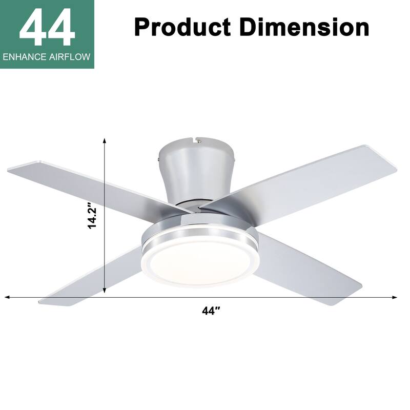Cusp Barn 44" Low Profile Flush Mount Ceiling Fans with Lights and Remote, Modern 6 Speeds Quiet Reversible DC Motor Ceiling Fan