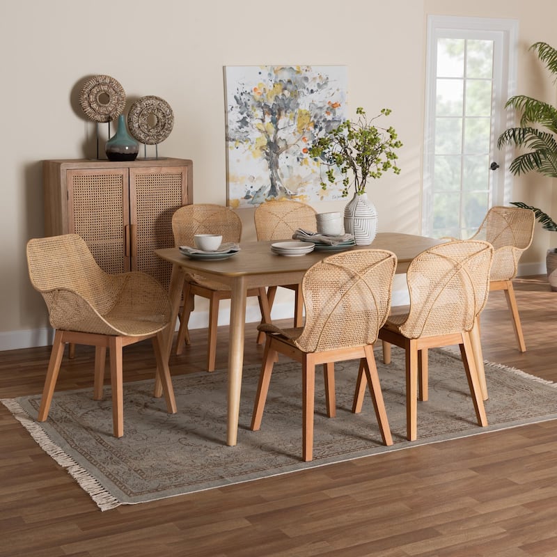 Emmali Modern Bohemian Rattan and Wood Dining Set