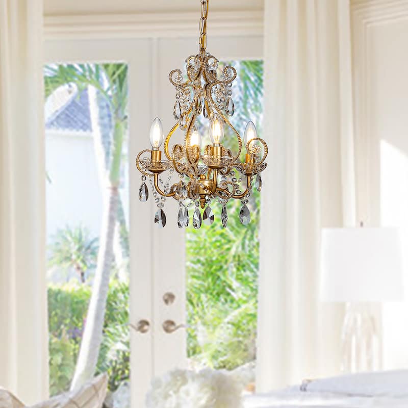 4-Lights Antique Gold Candlestick Chandelier 13in. Pendant Light with Crystal Teardrop Beads - 13 inches