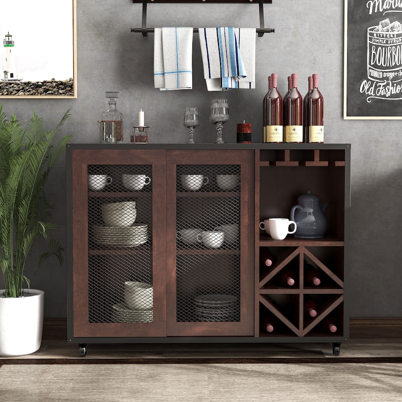 Furniture of America Hury Modern Walnut 47-inch 3-shelf Dining Buffet, Walnut Dining Sideboard with Wine Storage