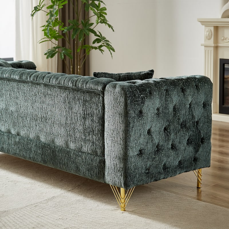 60-Inch Chenille Chesterfield Sofa, Living Room Couch with Buttons Tufted/Copper Nail Decoration Armrest