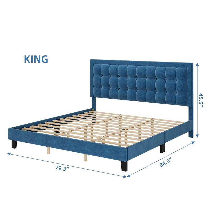 Button Tufted Velvet Platform Bed with Adjustable Headboard