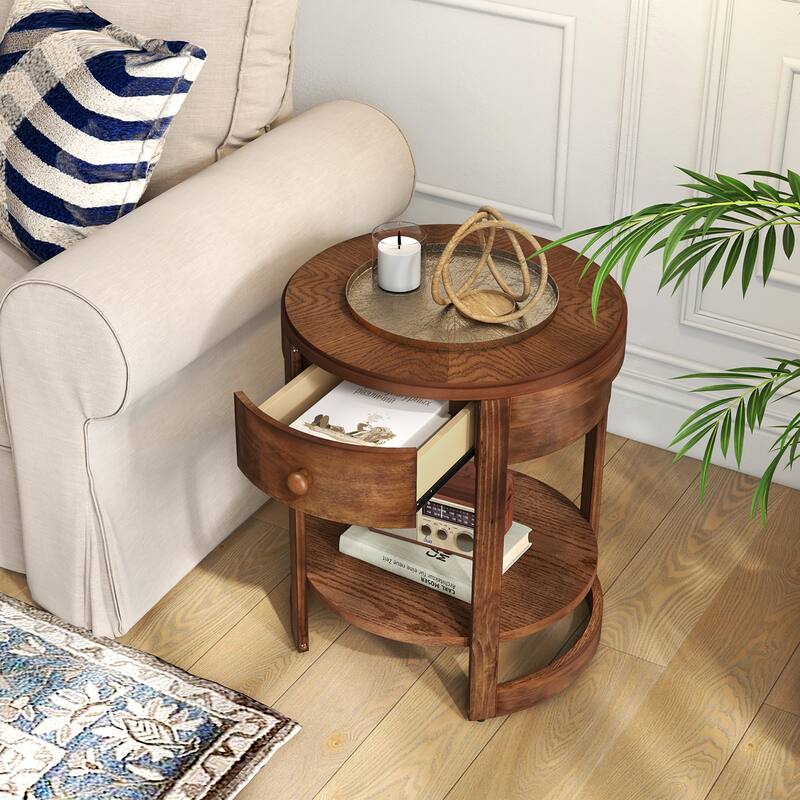 Gymax 2PCS Nightstand w/ Shelf & Wood Grains Drawer Round End Table