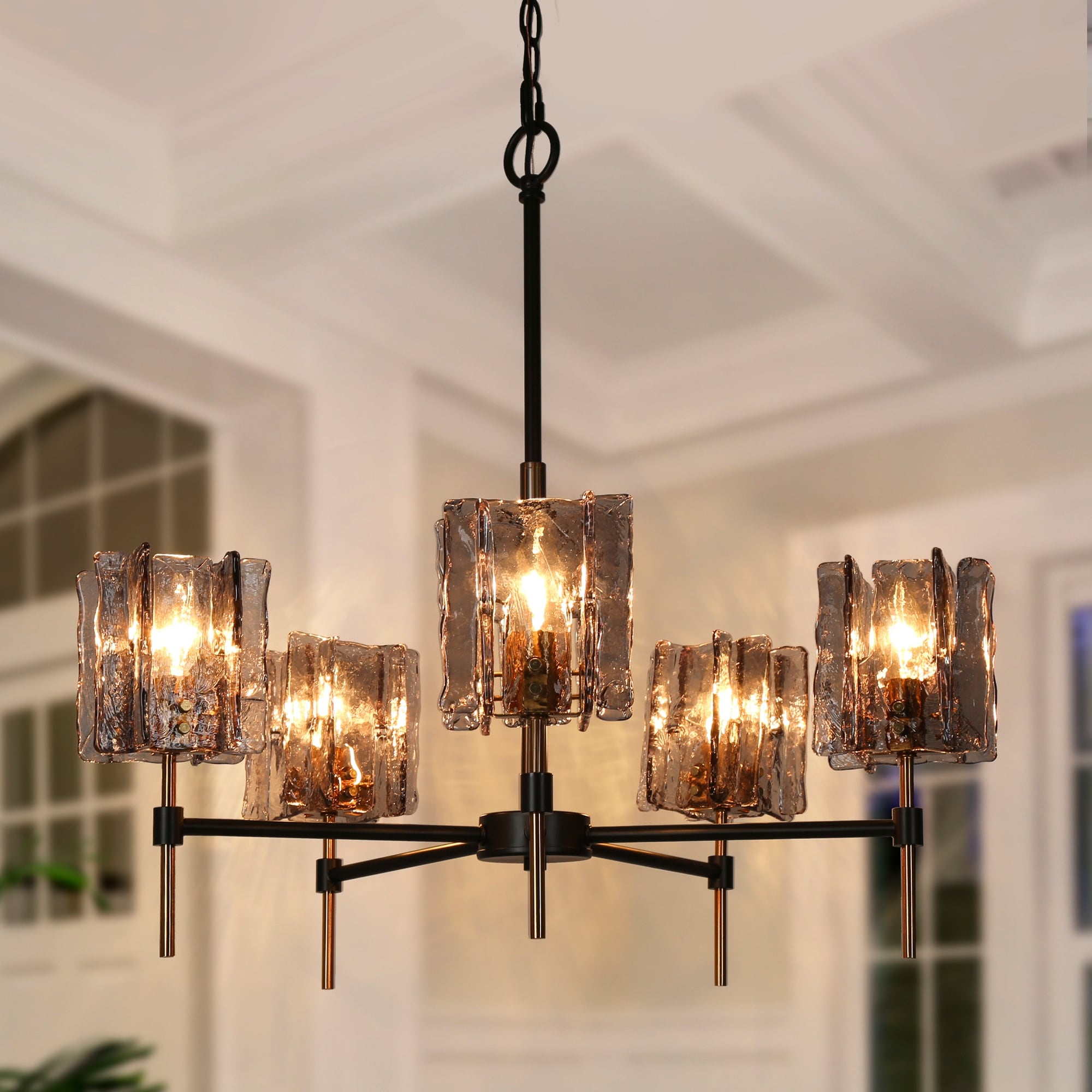 Kasy Modern Glam 5-Light Wagon Wheel Chandelier with Smoke Glass Shade - D 26" x H 86" Max