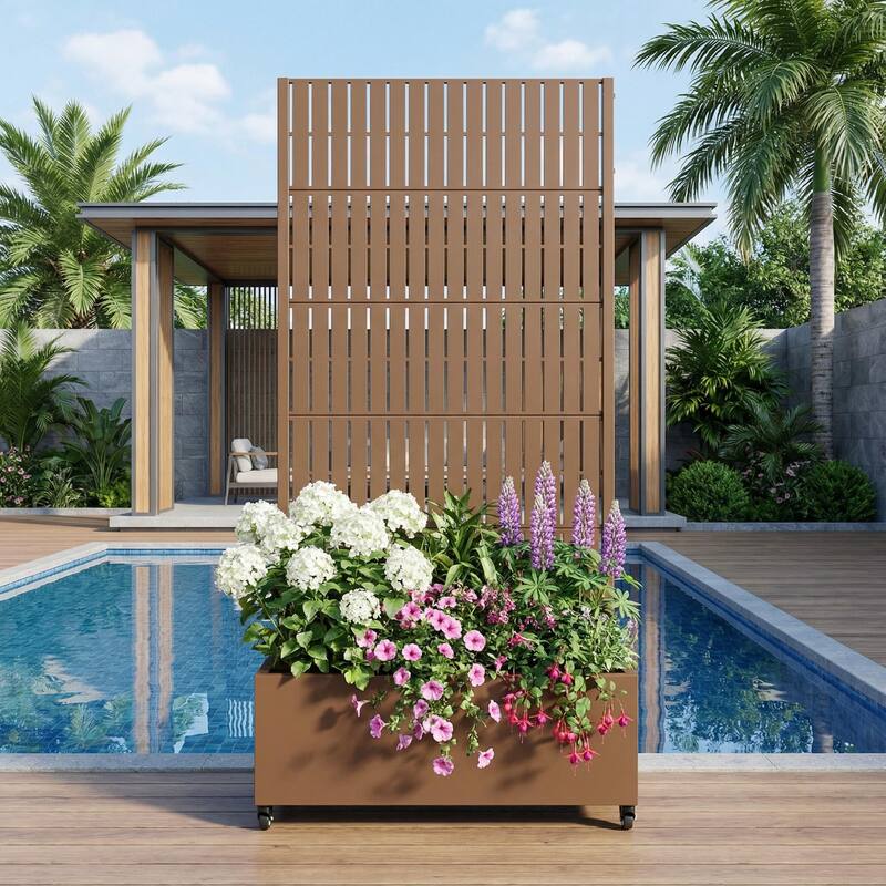 Raised Garden Bed Planter with Trellis Movable Planter Box with Lockable Wheels - 72*35 - Brown