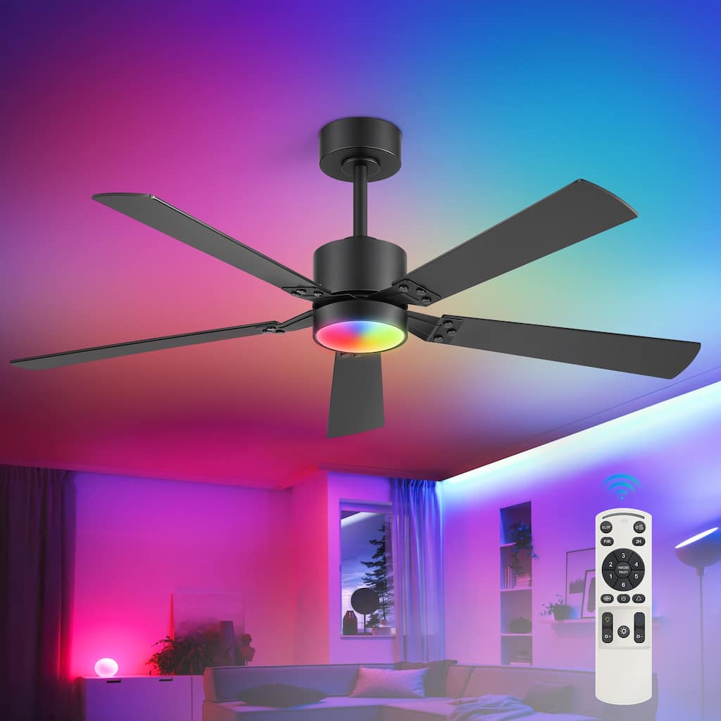 52-Inch Matte Black Ceiling Fan with RGB LED Light and Remote((5 Reversible Blades)