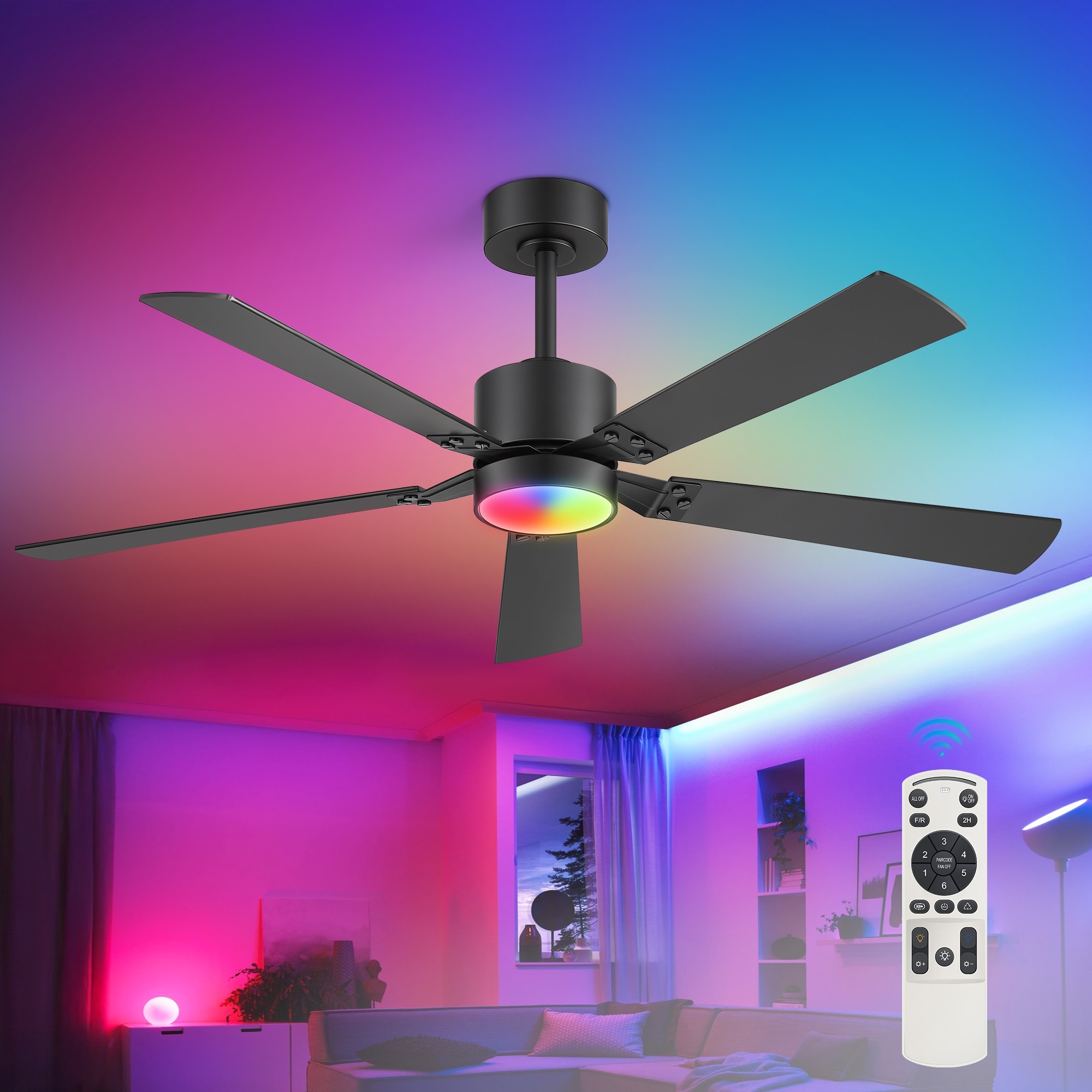 52-Inch Matte Black Ceiling Fan with RGB LED Light and Remote((5 Reversible Blades)