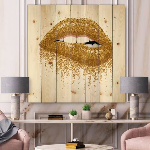 Designart 'Woman Lips With Glitter Gold Sparkles' Modern Print on Natural Pine Wood