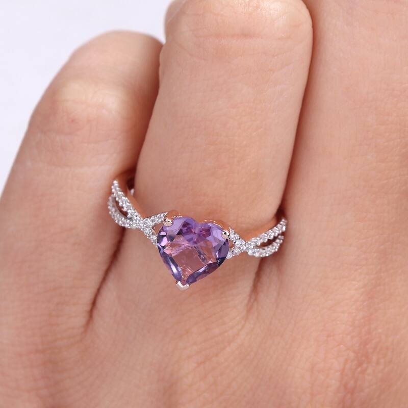 Miadora Heart-Cut Amethyst and 1/5ct TDW Diamond Crossover Ring in 14k Rose Gold
