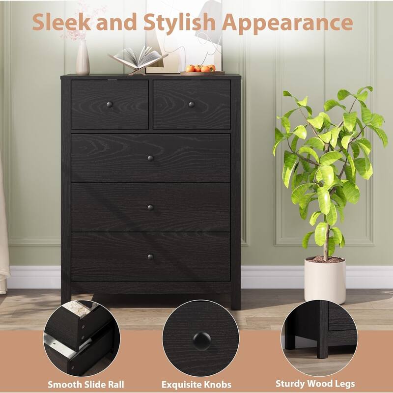 5 Drawer Dresser for Bedroom, Tall Black Chest with Deep Drawers and Metal Knobs, Wooden Organizer for Hallway