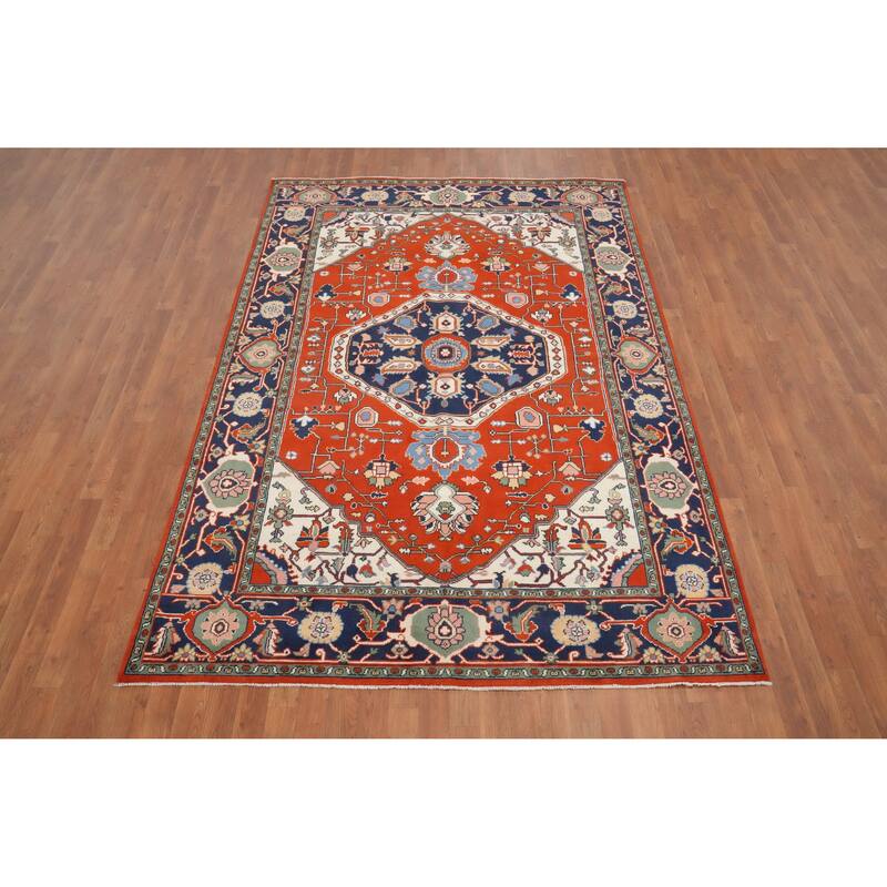 Hand Knotted Oriental 100% Wool Carpet Traditional Medallion Oranges & Rust Heriz (serapi) Area Rug - 8' 10'' X 6' 1''