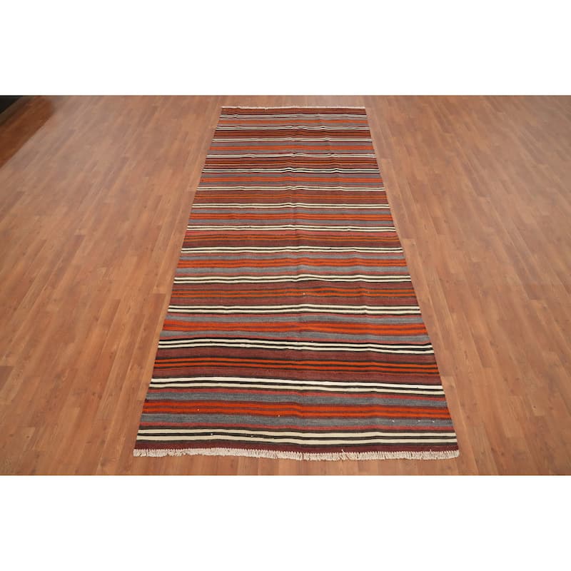 Hand Woven Oriental 100% Wool Carpet Southwestern Geometric Multi-Colored Kilim Area Rug - 10' 11'' X 4' 7''