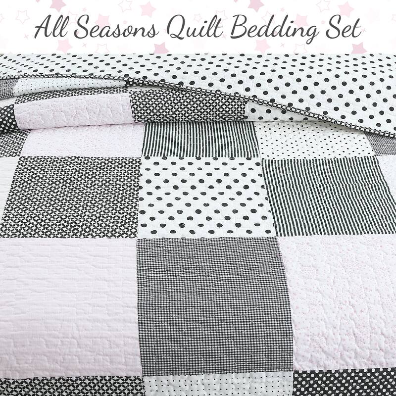 Cozy Line Halftone Black White & Subtle Pink Polka Dot Patchwork Cotton Quilt Bedding Set