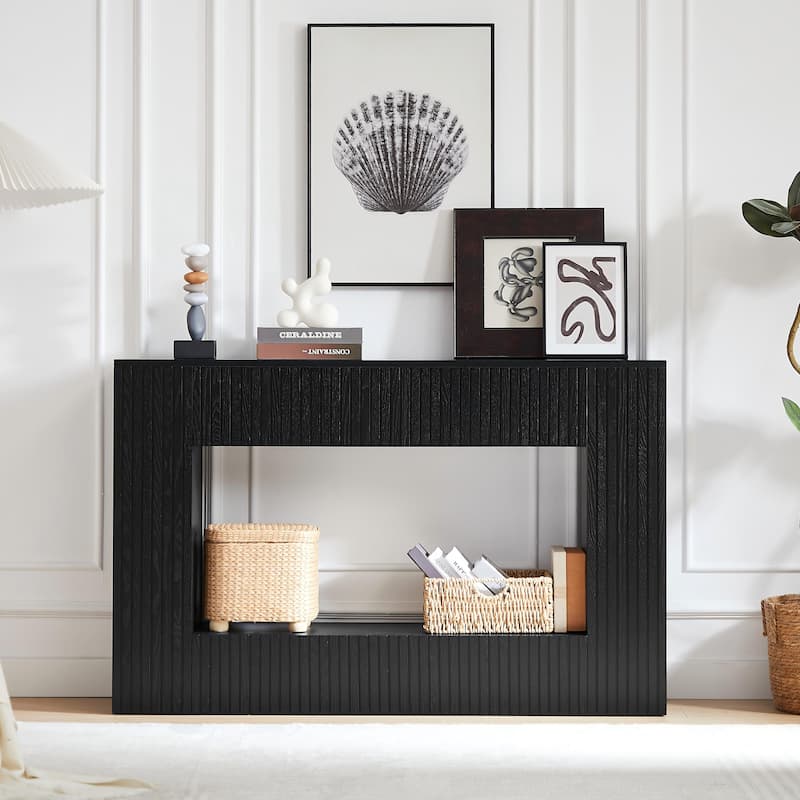 55" Modern Slatted Console Table, Narrow Entryway Table for Living Room or Hallway - Black