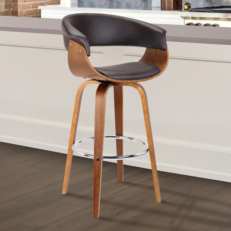 Brown Faux Leather Swivel Counter Height Bar Chair with Iron Frame and Footrest