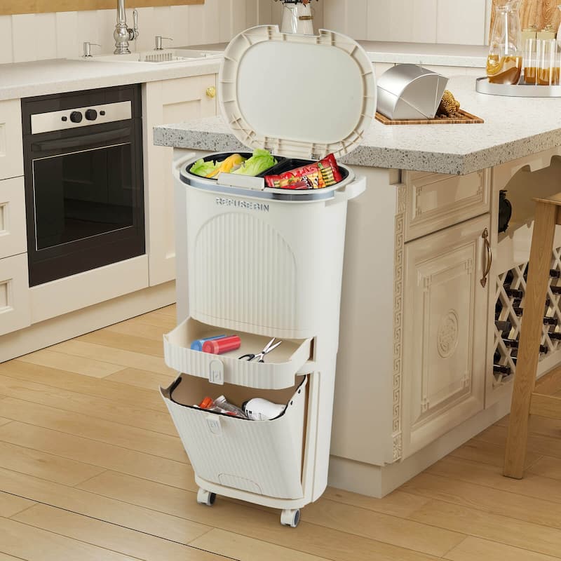 Costway 11 Gallon Kitchen Trash Can with Lid, 2 Removable Buckets, - Beige