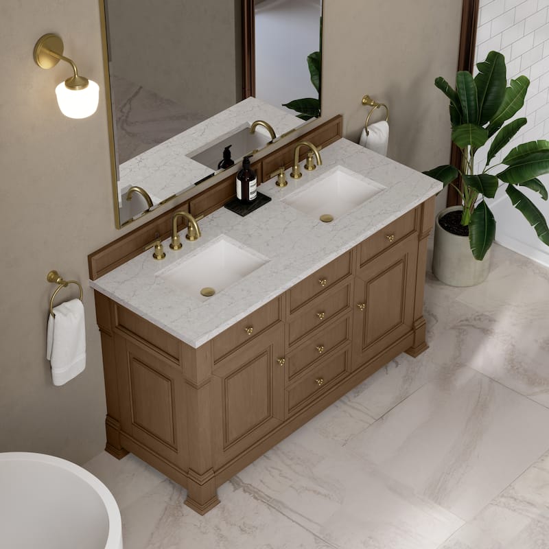 Brookfield 60D" Double Vanity, Pecan - Eternal Jasmine Pearl