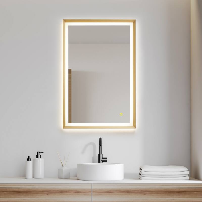 Apollo Rectangular Anti-Fog Dimmable Modern Bathroom/Vanity LED Lighted Wall Mirror in Brushed Gold Aluminum Framed