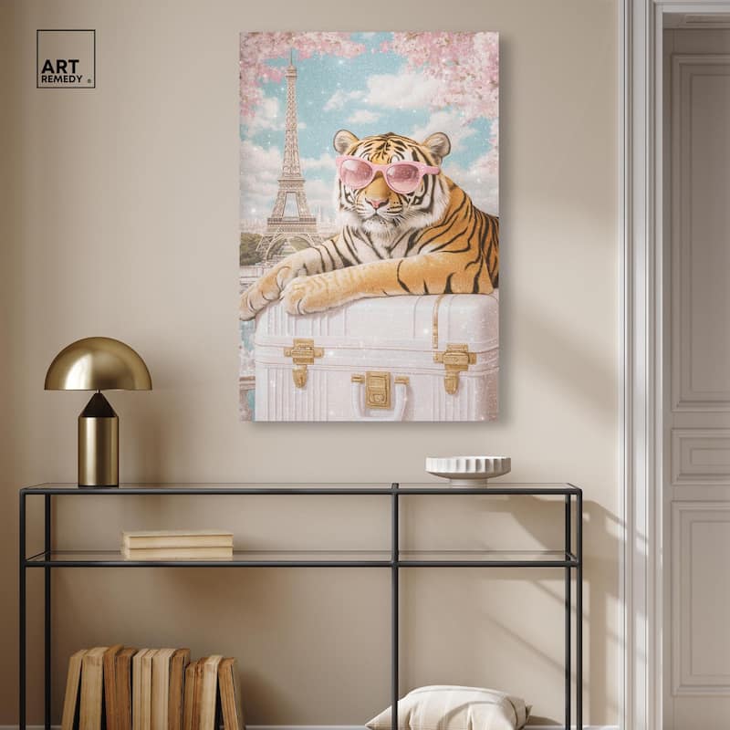 Tiger Luggage Paris Canvas by Art Remedy, Gallery Wrapped