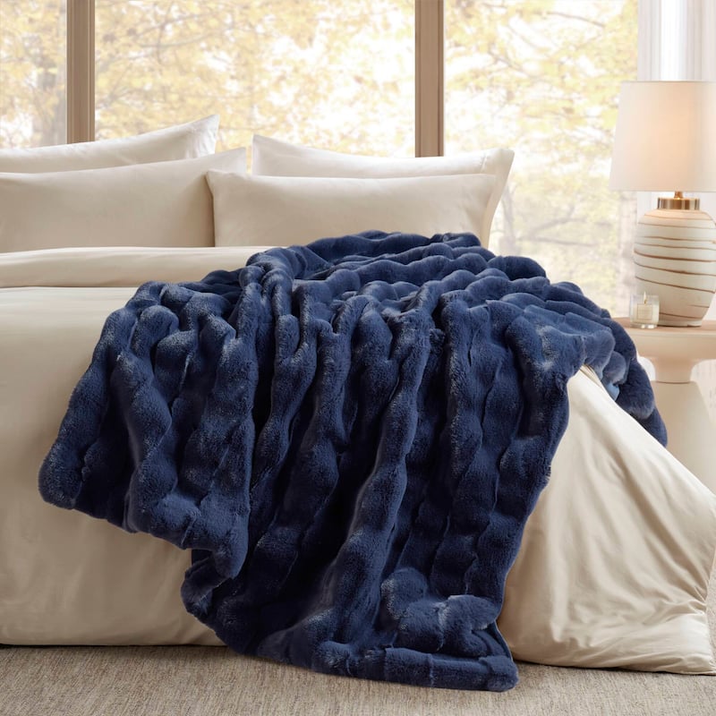 Madison Park Camille Faux Fur Throw - Navy