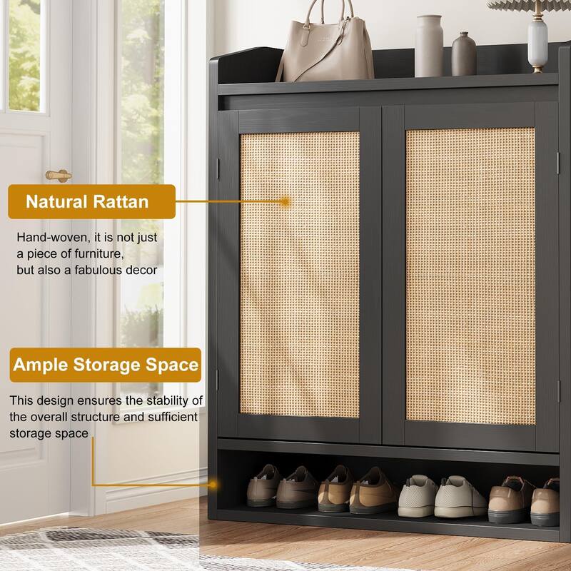 Rattan Shoe Cabinet with 2 Doors, 5-Tier Wooden Shoe Storage Organizer