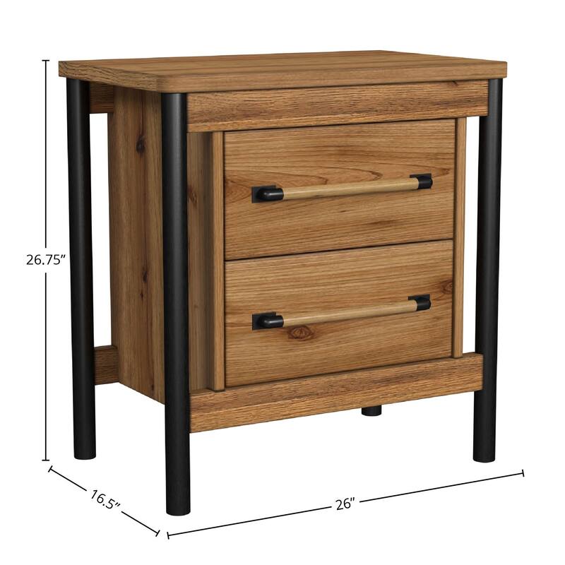 Norcross 2-Drawer Rubberwood Nightstand, Hickory