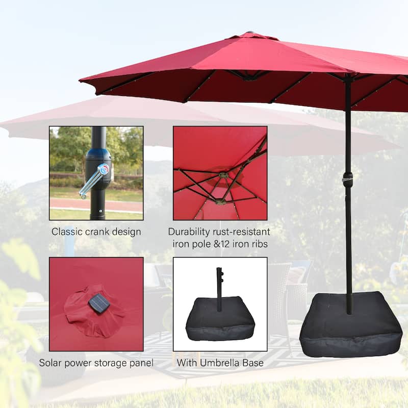 15x9ft Double-Sided Rectangular Outdoor Patio Umbrella with Light and Base - Red