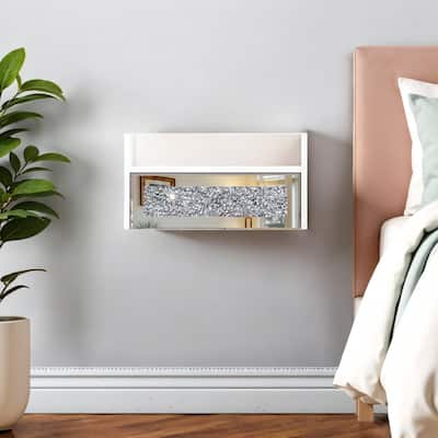 14" White Wood Faux Crystal Bling And Mirrored Glass One Drawer Floating Nightstand