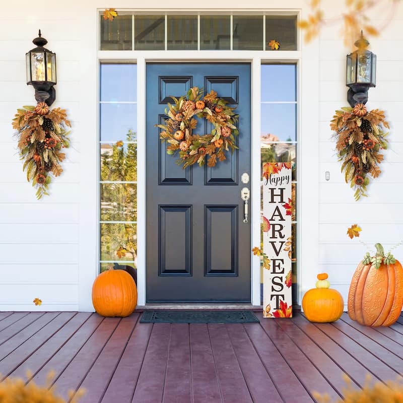 Glitzhome 26"H Fall Sunflower Pumpkin Lotus Leaf Teardrop Swag for Thanksgiving