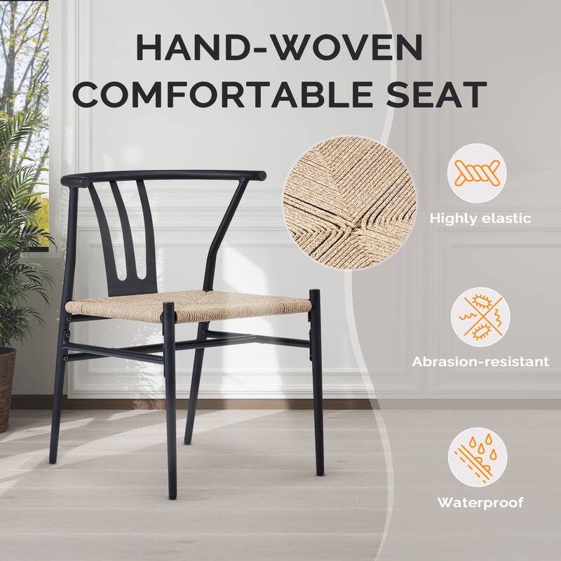 Set of 4 Hand-Woven Rope Dining Chairs with Metal Frame and Curved Back Ergonomic Design - 23” x 18.3” x 31.5”