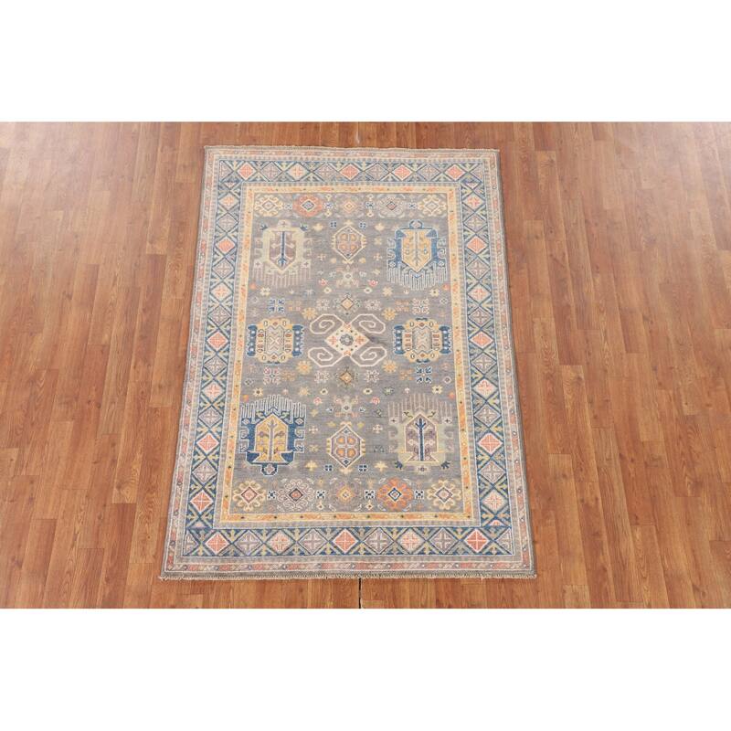 Gray Geometric Kazak Oriental Area Rug Handmade Bedroom Wool Carpet - 4'0"x 5'10"