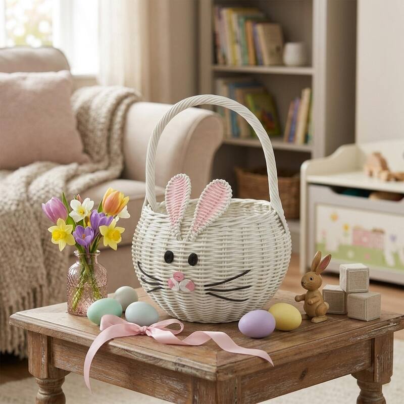 Large Hand Woven Bunny Rattan Wedding Flower Girl Basket Easter Bin Home Decor Cute Handmade Handcrafted Nursery Gift Storage