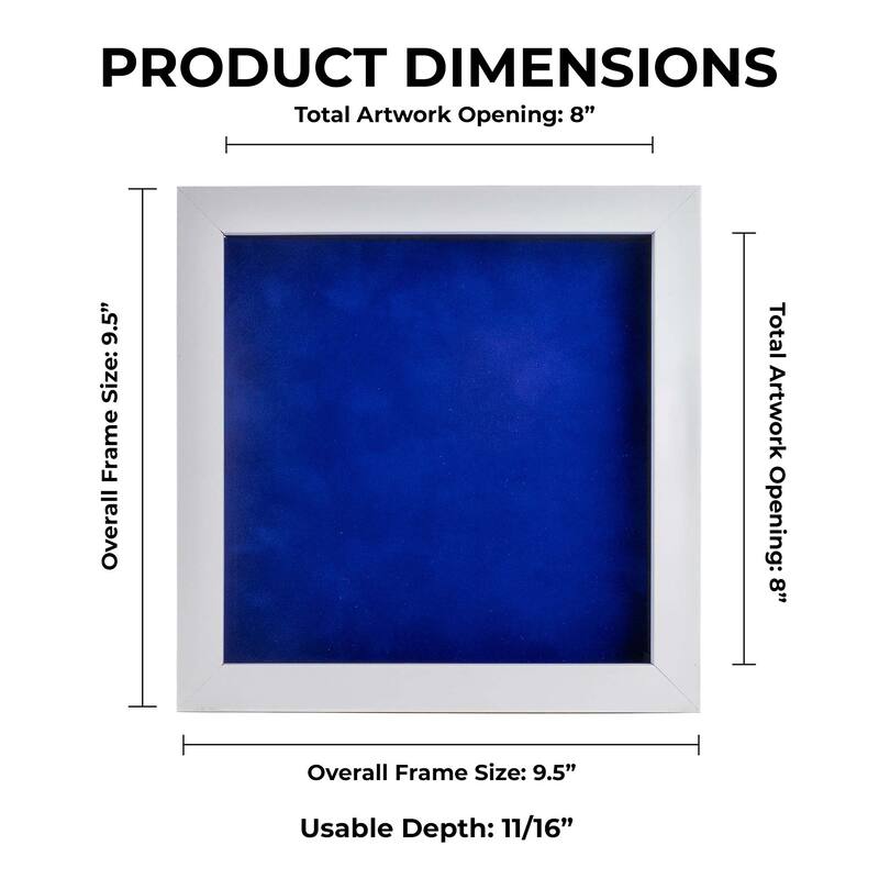 8x8 Shadow Box Frame White Wood | With a 3/4" Usable Display Depth | Includes a Royal Blue Real Suede Texture Acid-Free Backing