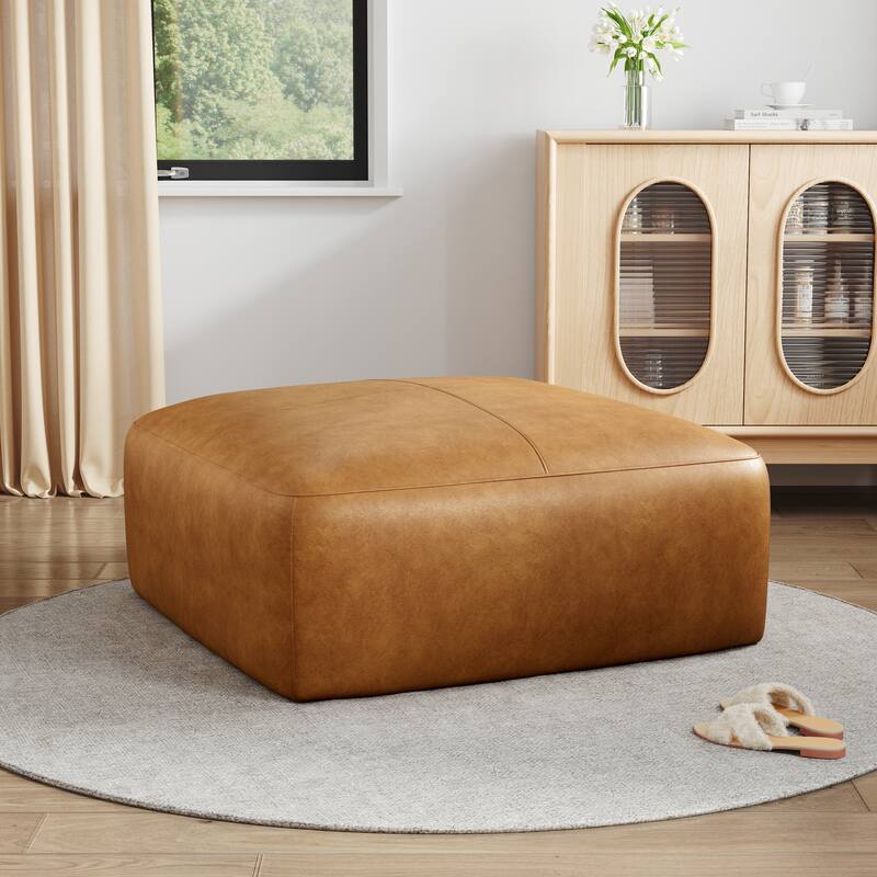 UIXE Genuine Leather Ottoman, Upholstered Ottoman for Living Room