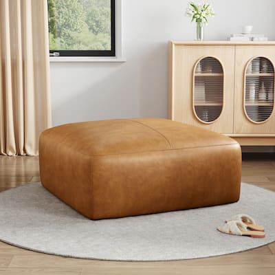 35" Genuine Leather Ottoman, Upholstered Ottoman for Living Room