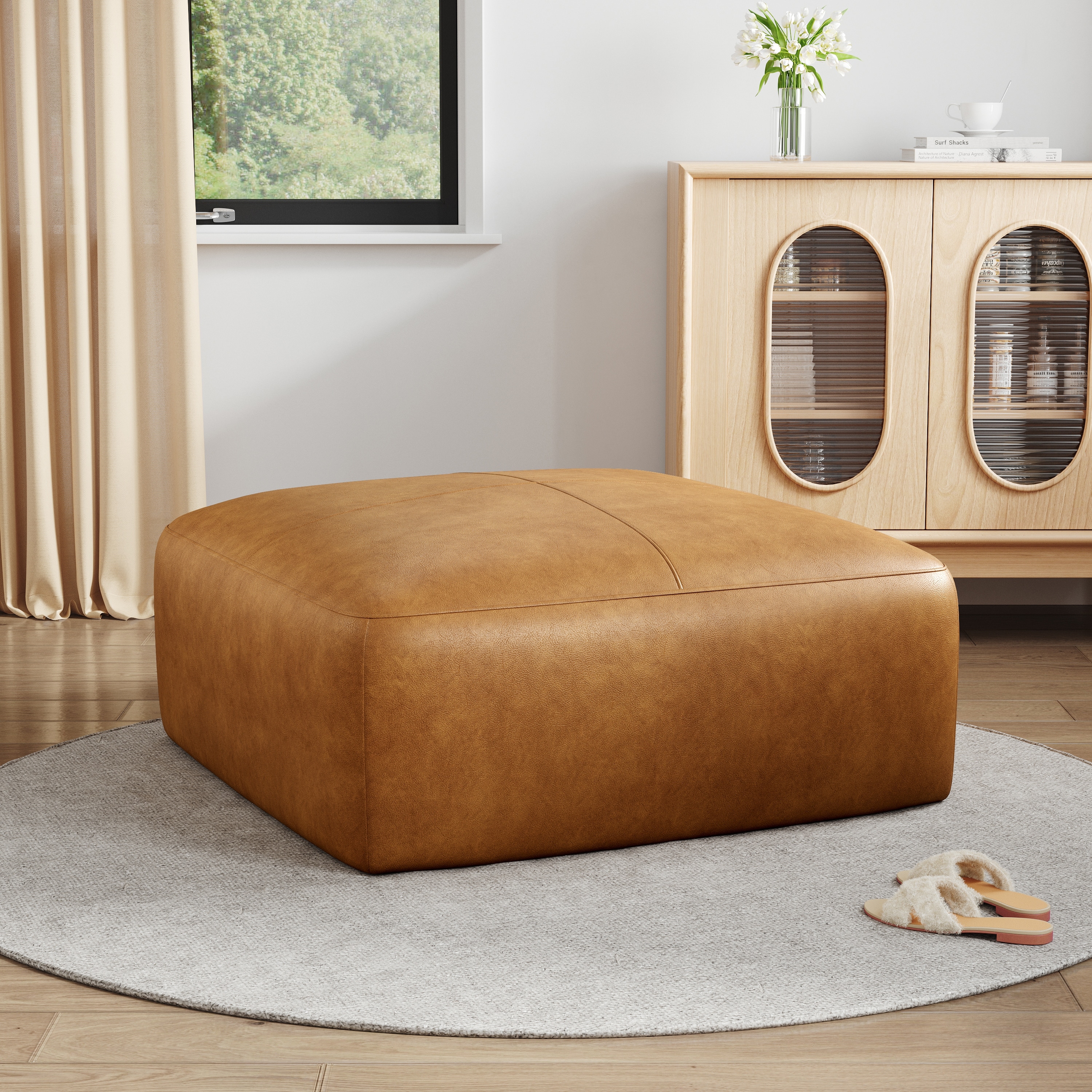 UIXE Genuine Leather Ottoman, Upholstered Ottoman for Living Room