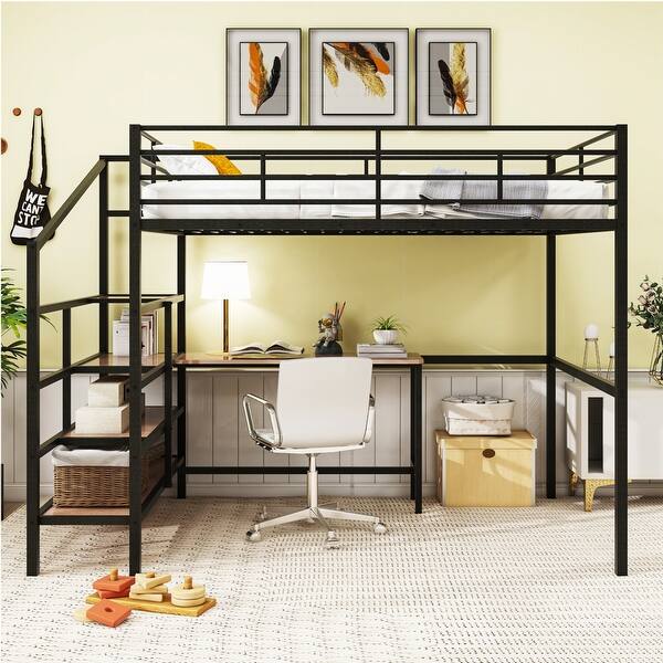slide 2 of 18, Metal Kids Loft Bed Frame, Under Bed with Desk and Storage Shelves, Lateral Storage Ladder & Slatted Guardrails Black - Full