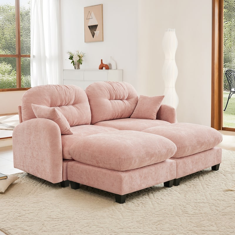 2 Seat Chenille Sofa Round Arms Sectional Sofa, Modern 74" Tufted Back Couch with Ottoman for Lving Room, Small Space