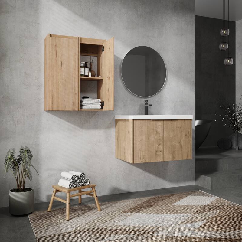 24" Floating Bathroom Vanity with Resin Sink, Side Cabinets, Soft-Close Doors, and Luxury Metal Handles