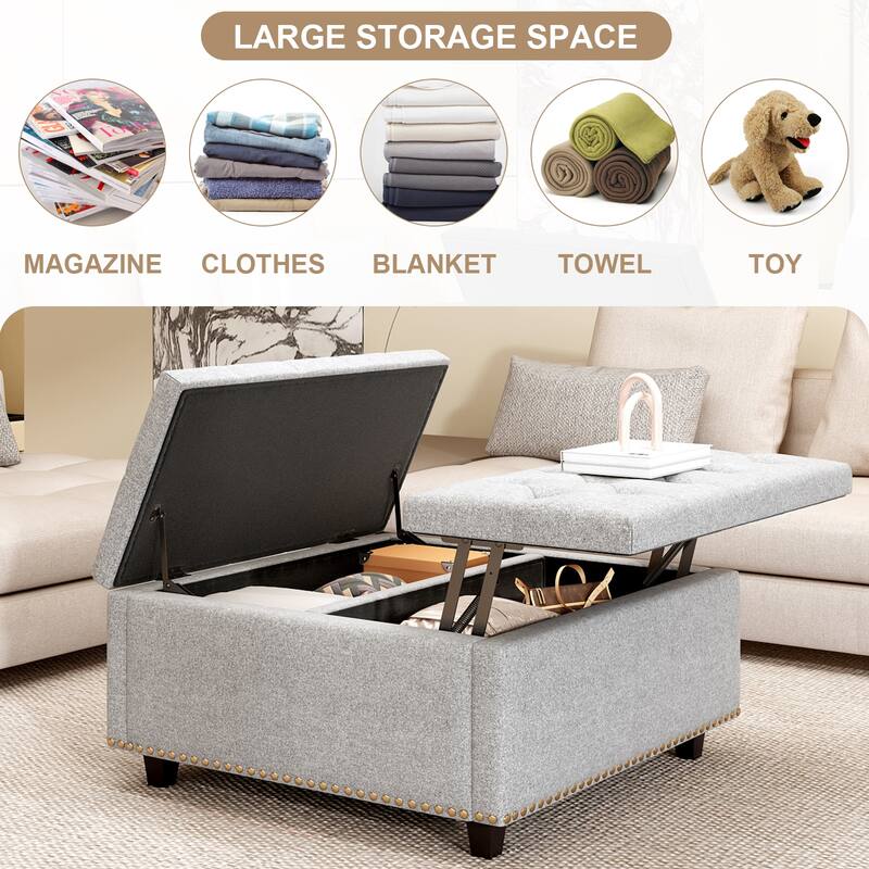 Cotton Square Chair with Storage,Ottoman with Storage,Double Door Storage Footstool,Coffee Table,Nailhead Trim