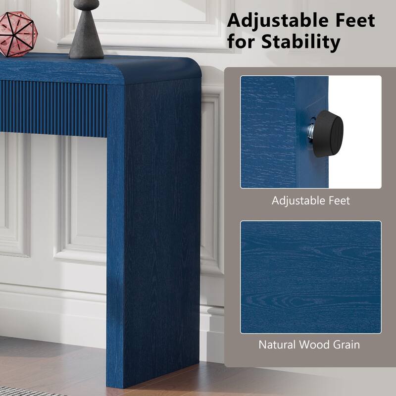 Solid Wood Veneer Rustic Console Table With Three Fluted Drawers, Showcasing Natural Wood Grain.