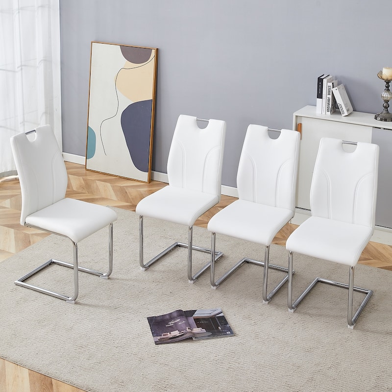 PU Dining Chair Set, Uniquely Designed White Dining Chairs, Pu Material, Paired With Silver Metal Chair Legs, (Set Of 4)