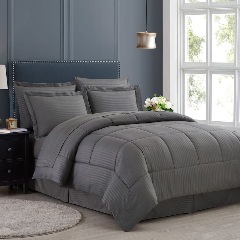 Soft Dobby 8-piece Striped Down Alternative Bed-in-a-Bag Set w/ Sheets - Grey - Queen