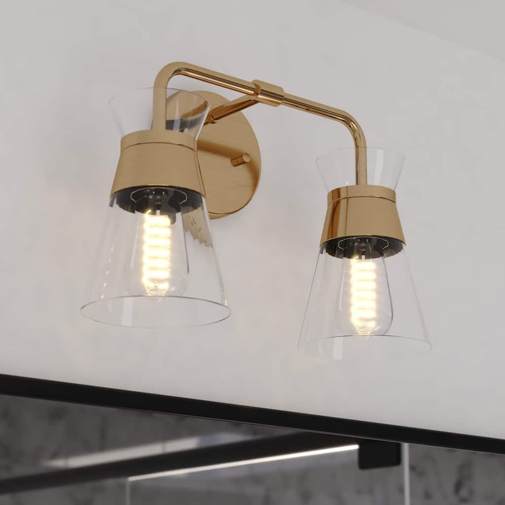 VAXCEL Harper Natural Brass Gold Mid-Century Modern Bathroom Vanity Lighting Fixture, Clear Glass Shade, Wall Sconce