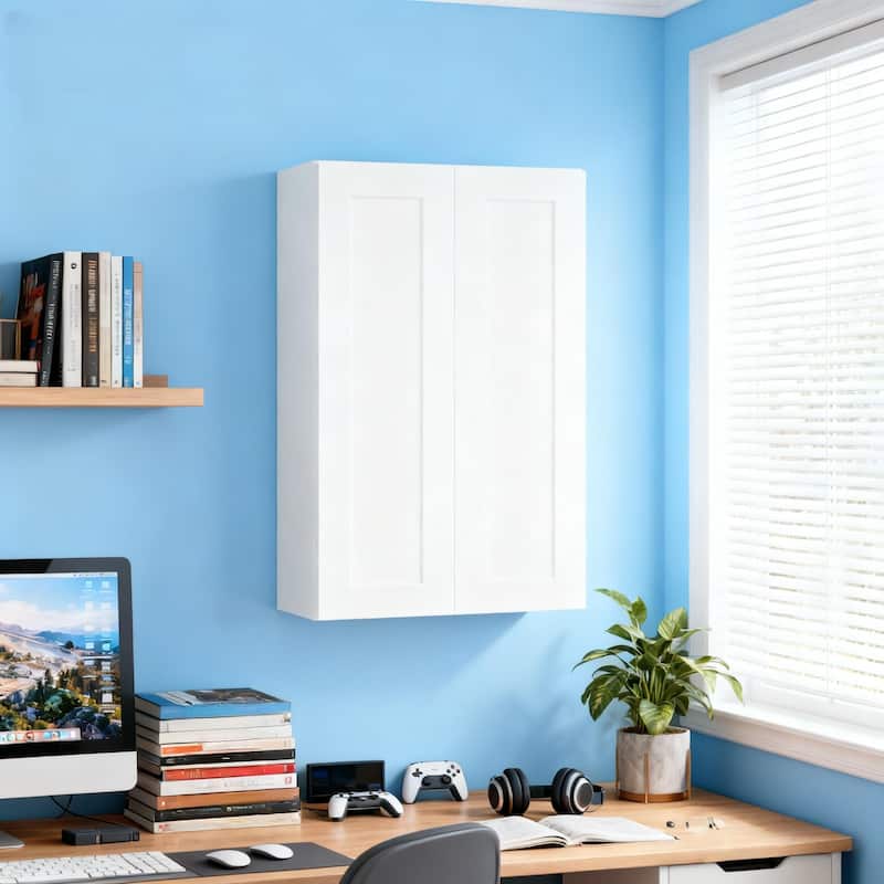 27 Inch White Shaker Double Door Wall Cabinet Solid Wood with 3 adjustable shelves Ready to Assemble for Kitchen - White