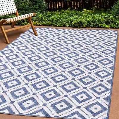 Jackson Collection - Blue White Geometric Indoor/Outdoor Area Rug