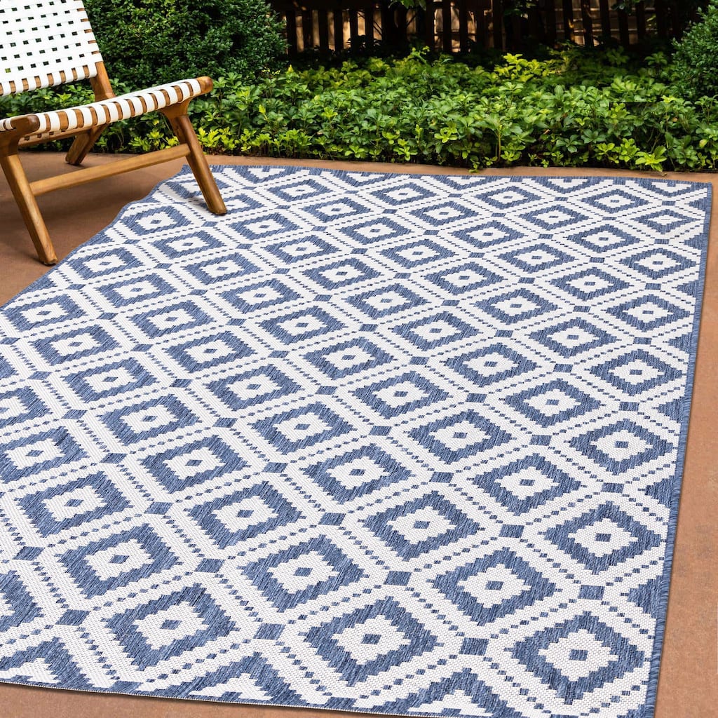 Jackson Collection - Blue White Geometric Indoor/Outdoor Area Rug
