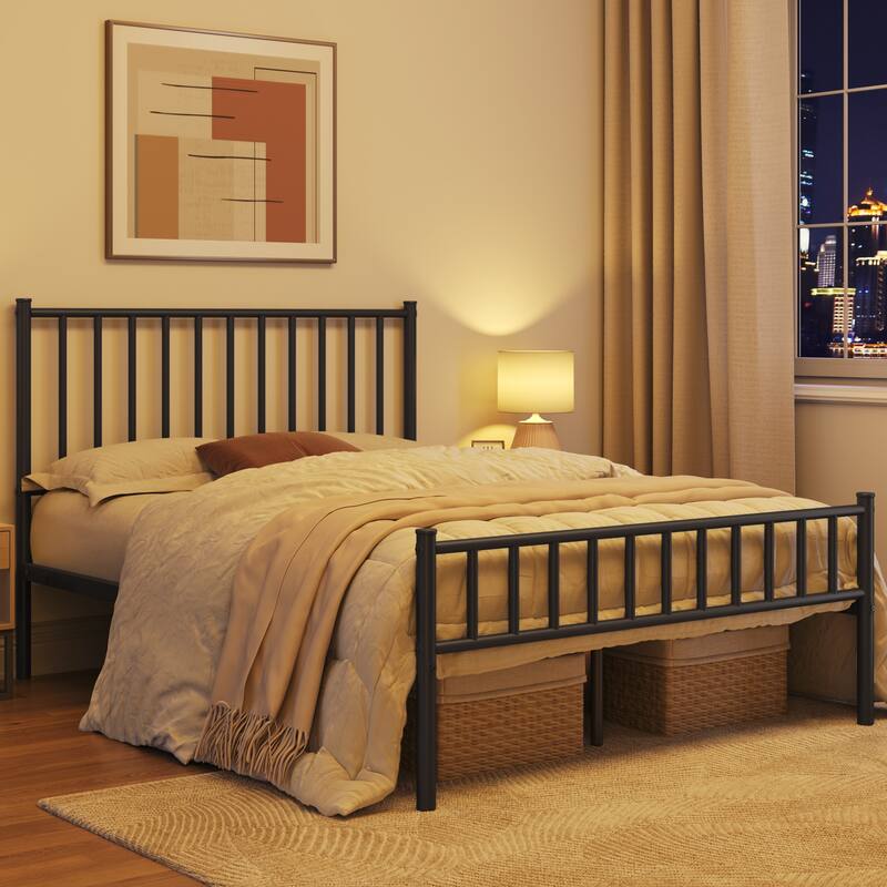 Yaheetech Minimalist Metal Platform Bed Frame with Spindle Headboard and Footboard - Black - Queen