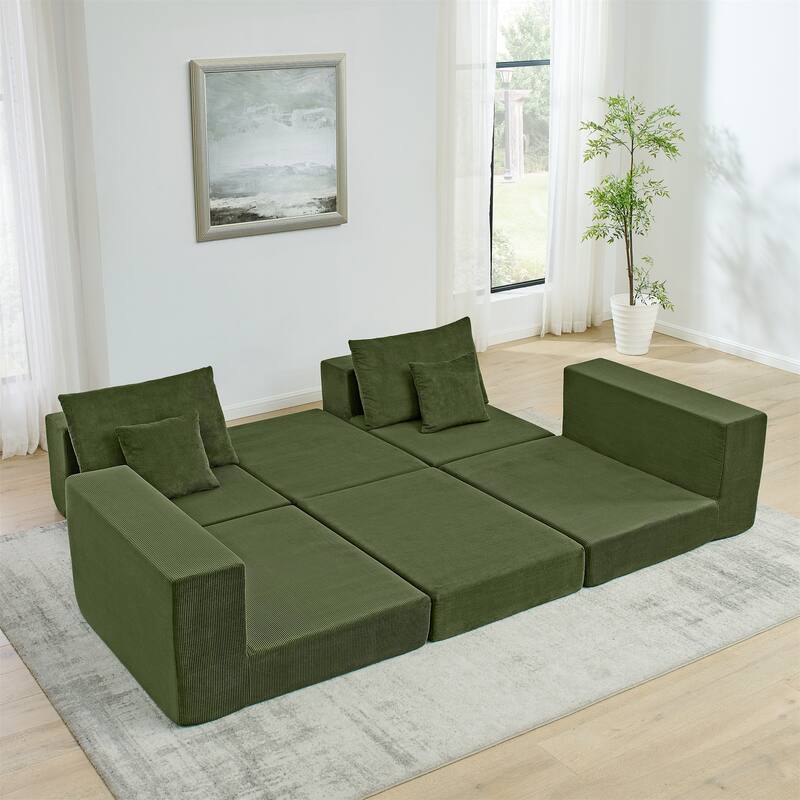 Folding Deep Seat Couch Modular L-shaped Sectional Sofa Corduroy Upholstered Sleeper Sofa Bed with Throw Pillows